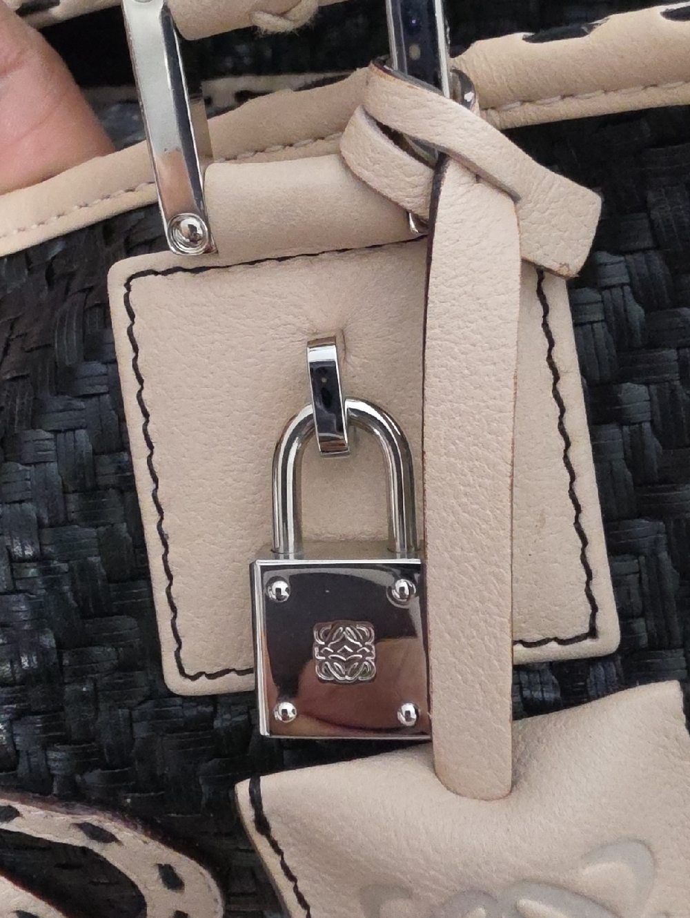 Leather-Trim Woven Satchel Bag - Black & Beige - Picture 12 of 16